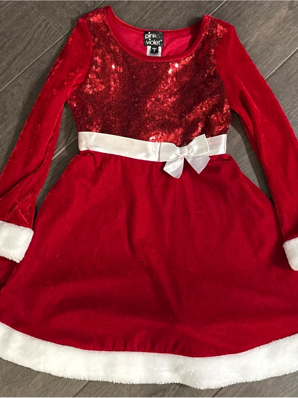 Red Sequin Velvet Holiday Dress with White Bow for Girls size 7